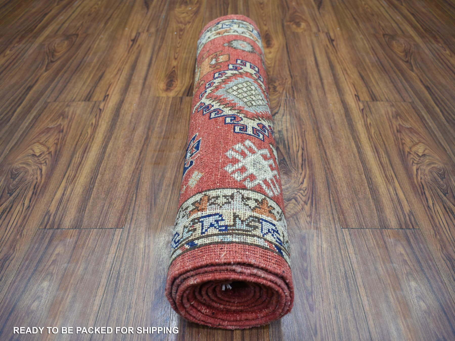 2'8"x9'8" Rich Red, Natural Dyes Soft Wool Hand Knotted, Afghan Ersari with Large Elements, Runner Oriental Rug HR72259 - Image 4