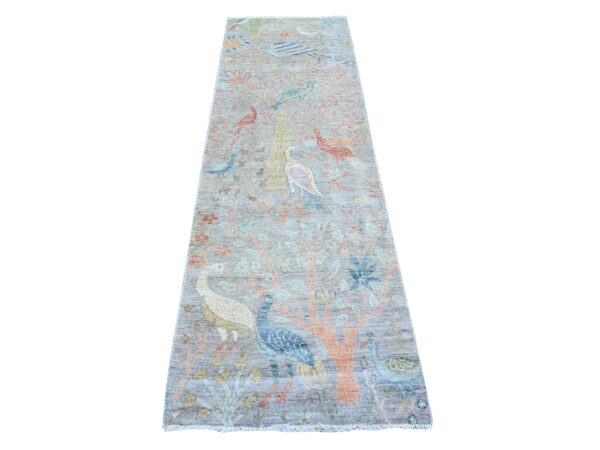 2'7"x8'3" Blue Gray, 100% Wool, Hand Knotted, Birds of Paradise Afghan Peshawar Design, Vegetable Dyes, Round Oriental Rug HR74915