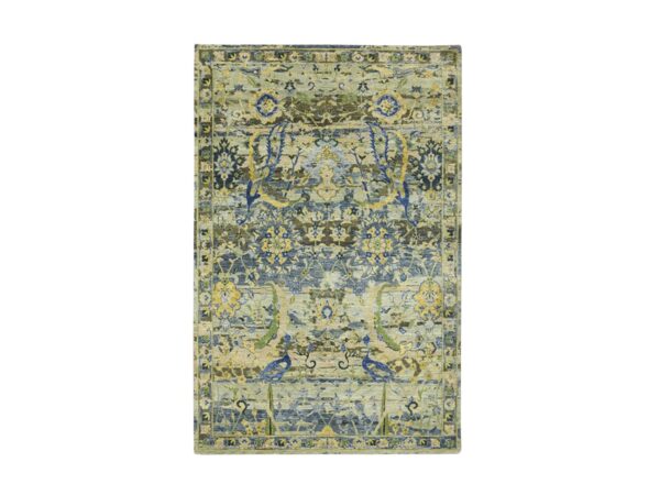 6'1"x9'1" Coffee Brown, Broken and Erased Persian Inspired with Birds Design, Hand Knotted, Distinct Abrash, Shaved Low, Pure Wool, Oriental Rug HR75723