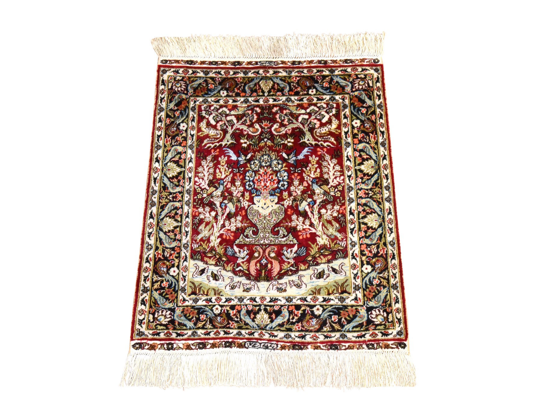1'7"x2' Crimson Red, Super Fine Sino Persian, Pure Silk, 400 KPSI, Vase Design, Hand Knotted, Mat, Oriental Rug HR78511