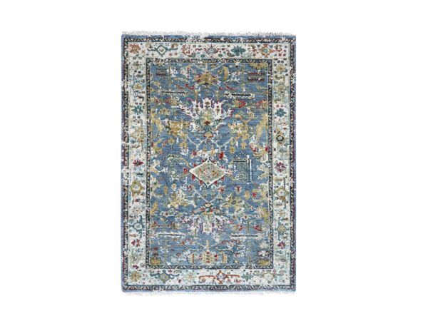 3'1"x5' Albatross Blue, Soft Color Palette, Erased Design Natural Wool Hand Knotted Broken Persian Heriz, Denser Weave, Oriental Rug HR84953