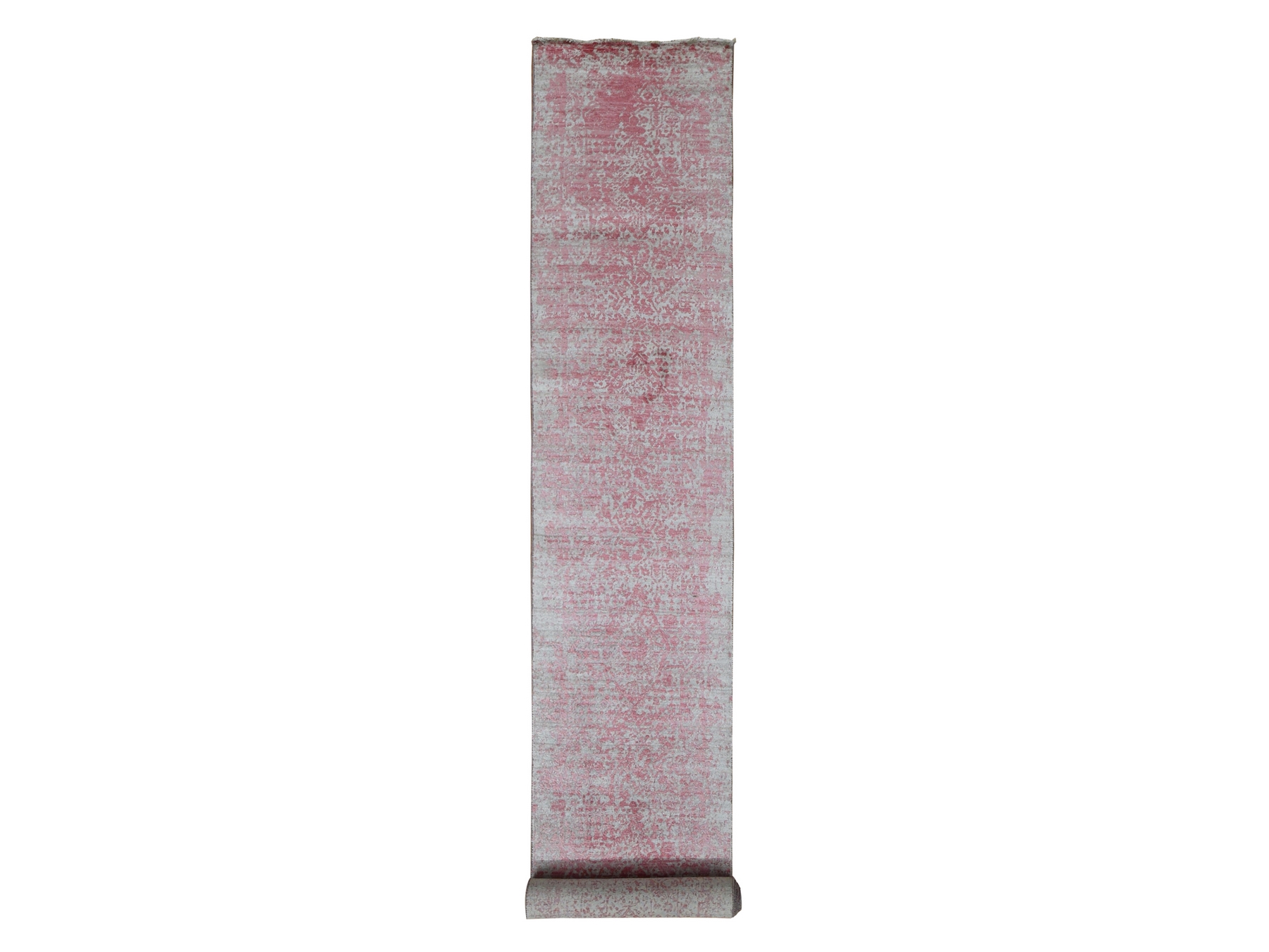 2'5"x15'7" Rouge Pink, Broken and Erased Persian Design, Wool and Pure Silk, Hand Knotted, XL Runner, Oriental Rug HR87631