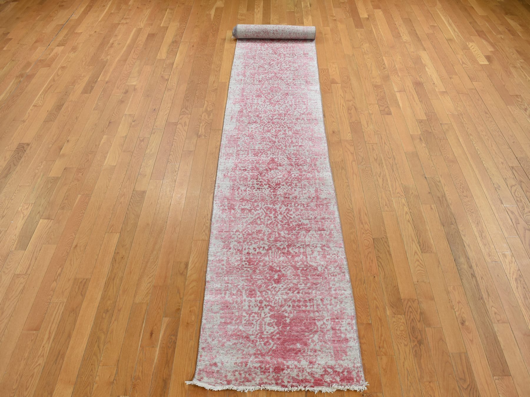 2'5"x15'7" Rouge Pink, Broken and Erased Persian Design, Wool and Pure Silk, Hand Knotted, XL Runner, Oriental Rug HR87631 - Image 2