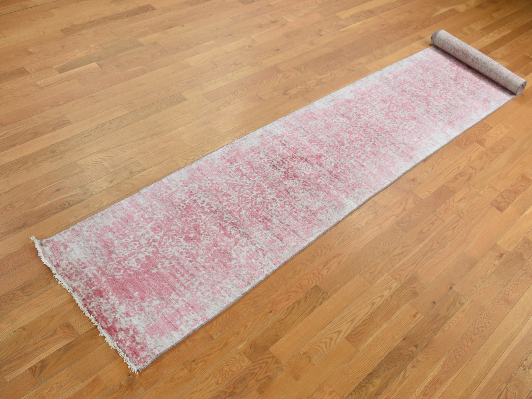 2'5"x15'7" Rouge Pink, Broken and Erased Persian Design, Wool and Pure Silk, Hand Knotted, XL Runner, Oriental Rug HR87631 - Image 3