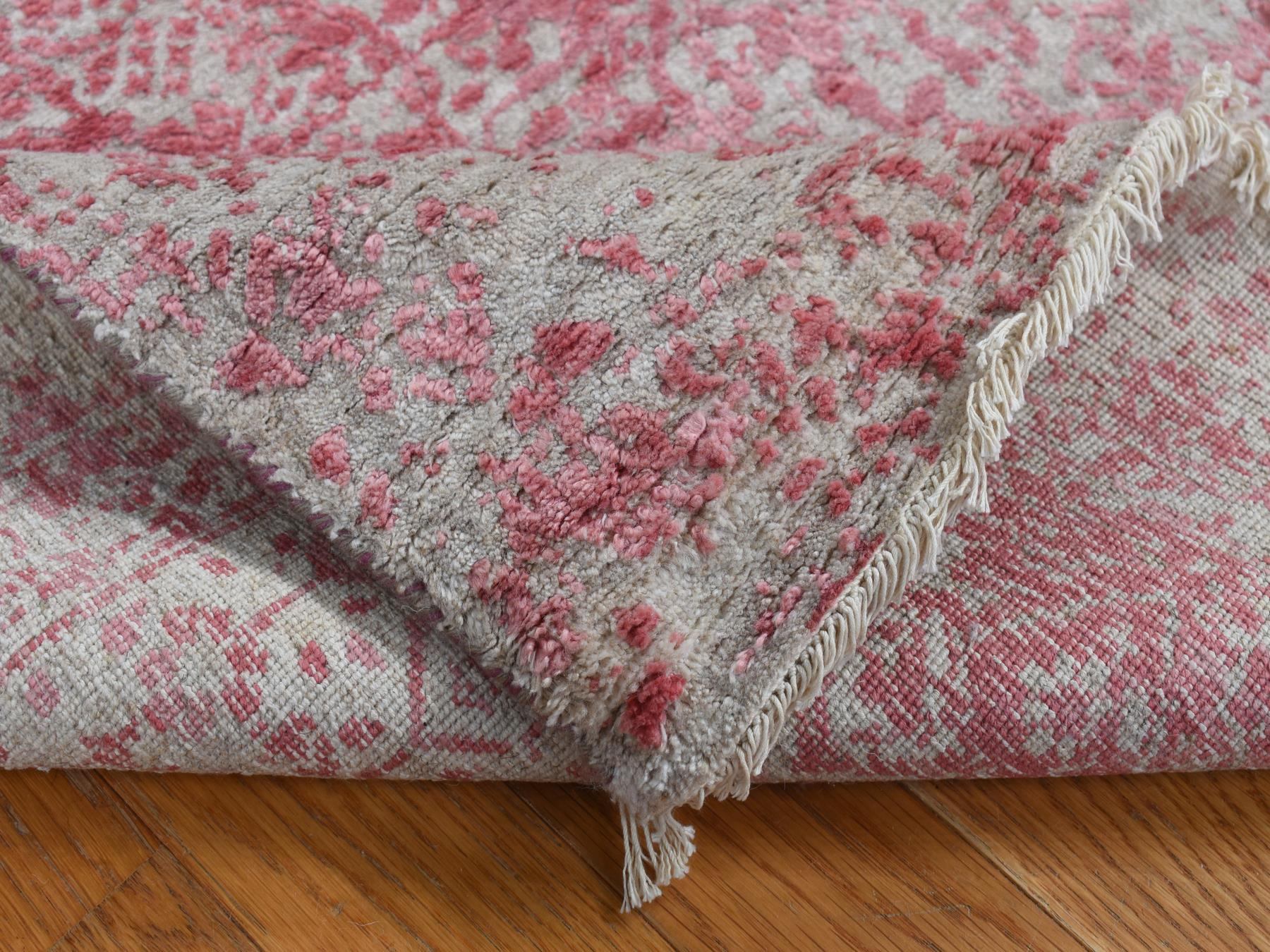 2'5"x15'7" Rouge Pink, Broken and Erased Persian Design, Wool and Pure Silk, Hand Knotted, XL Runner, Oriental Rug HR87631 - Image 5