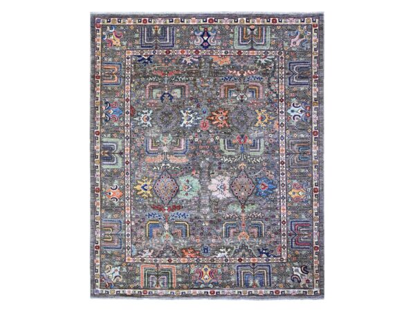 8'2"x10' Knoxville Gray, Dense Weave, Vibrant Wool, Fine Aryana, Colorful Willow Tree Design, Hand Knotted, Natural Dyes, Oriental Rug HR88268