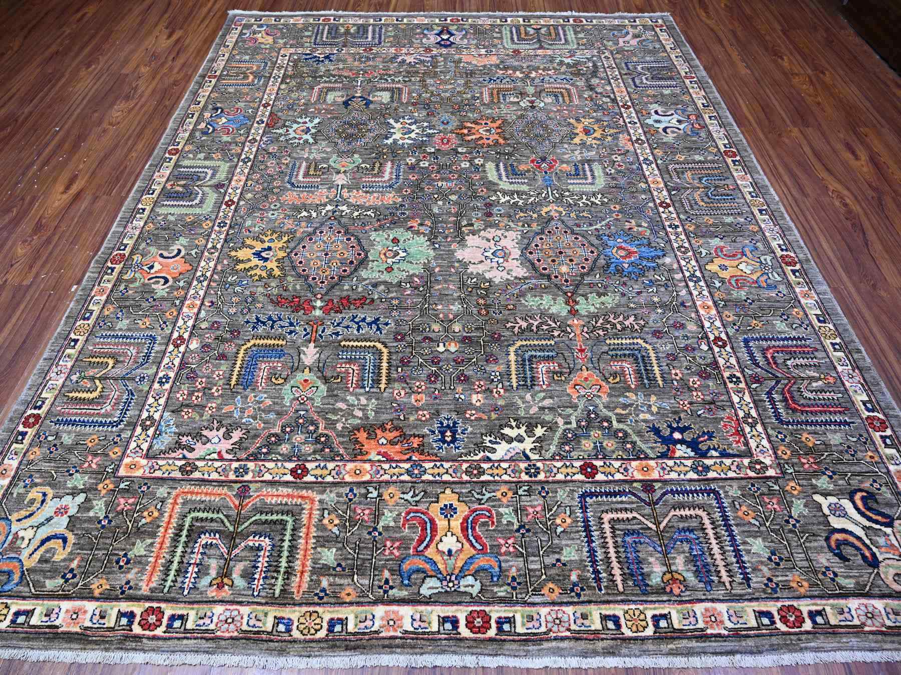 8'2"x10' Knoxville Gray, Dense Weave, Vibrant Wool, Fine Aryana, Colorful Willow Tree Design, Hand Knotted, Natural Dyes, Oriental Rug HR88268 - Image 2