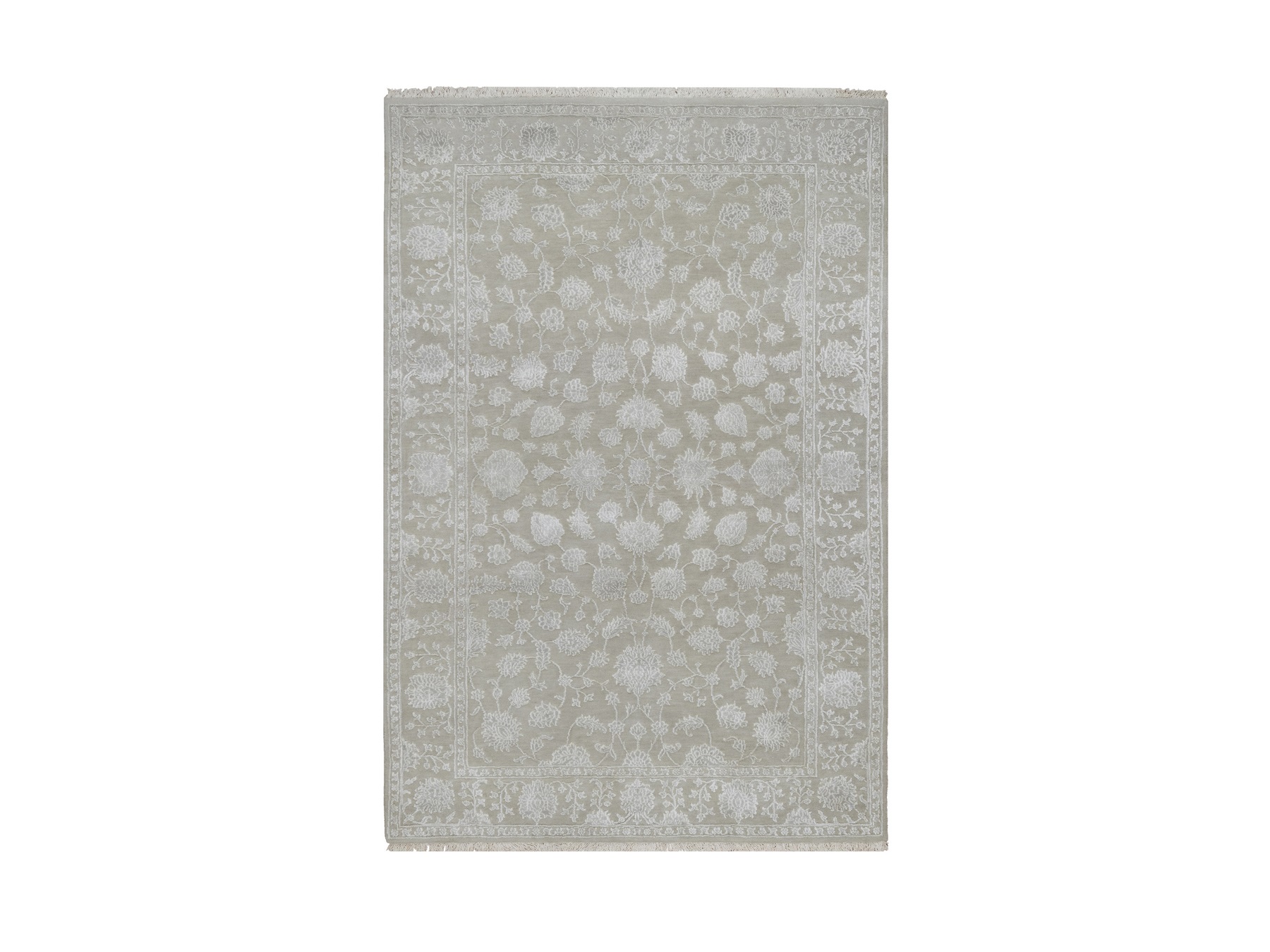 4'1"x6'1" Fossil Gray, Wool and Plant Based Silk, Light Tone on Tone with Persian Design, Thick and Plush, 200 KPSI, Hand Knotted, Oriental Rug HR91355