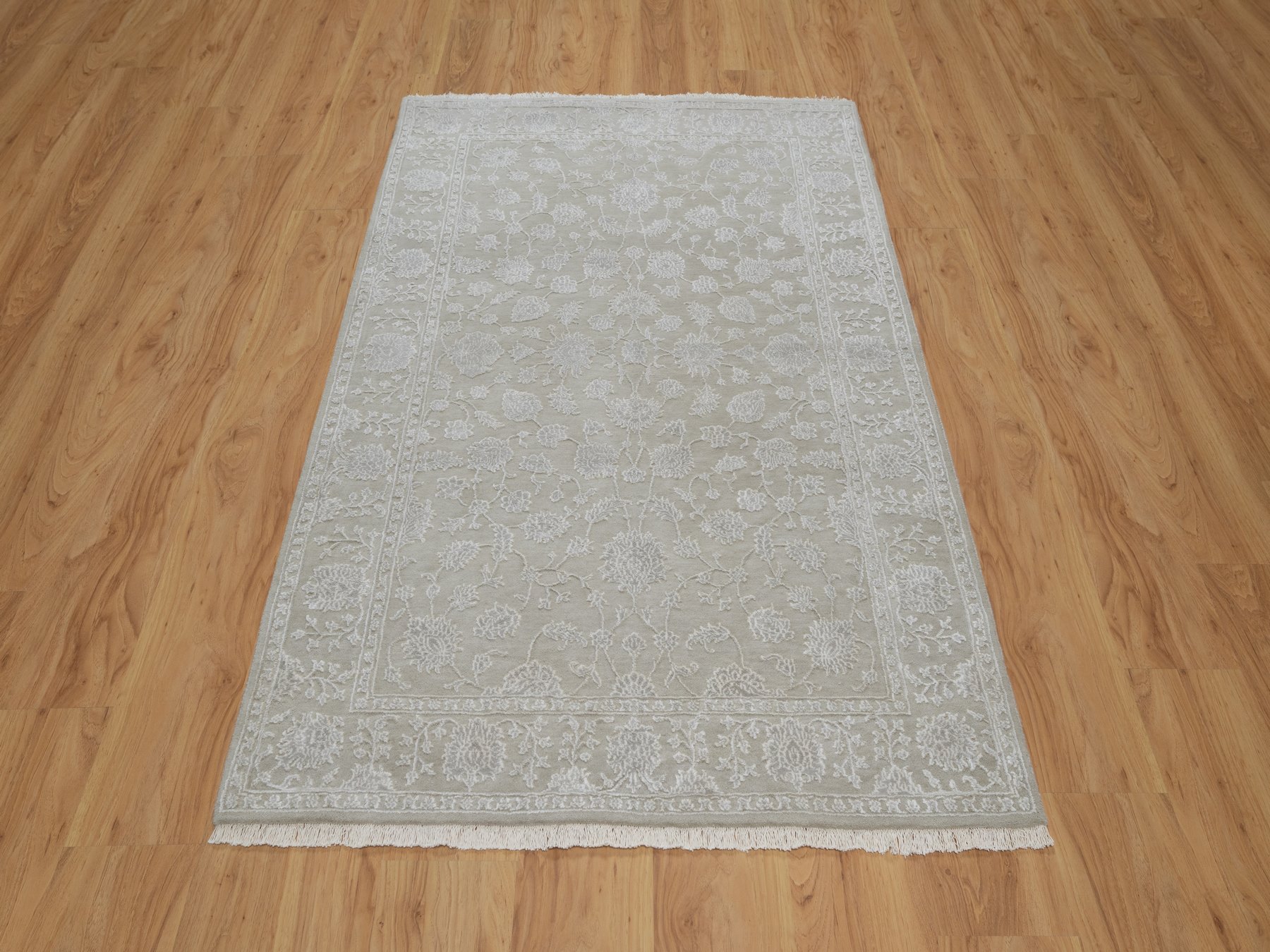 4'1"x6'1" Fossil Gray, Wool and Plant Based Silk, Light Tone on Tone with Persian Design, Thick and Plush, 200 KPSI, Hand Knotted, Oriental Rug HR91355 - Image 2