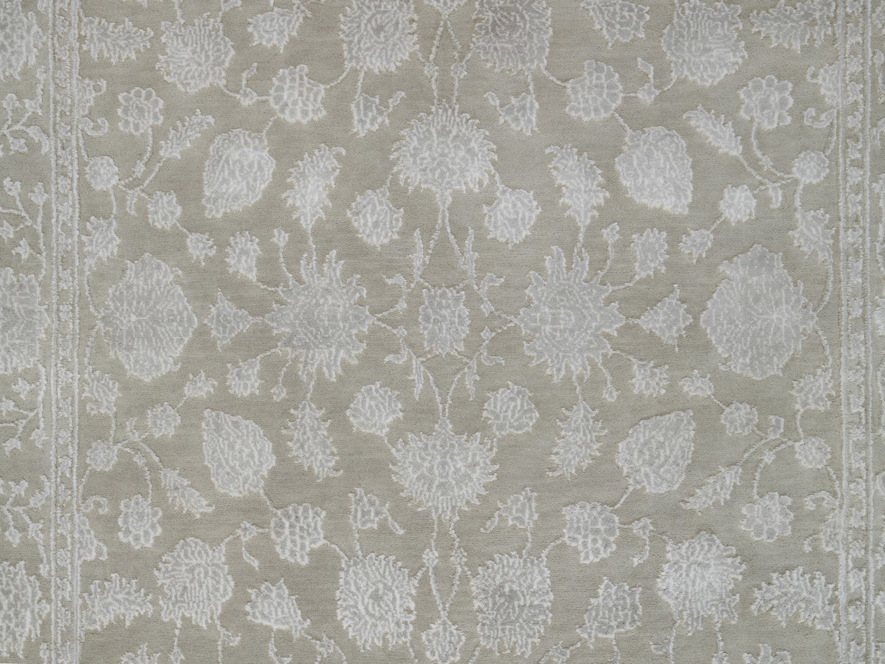 4'1"x6'1" Fossil Gray, Wool and Plant Based Silk, Light Tone on Tone with Persian Design, Thick and Plush, 200 KPSI, Hand Knotted, Oriental Rug HR91355 - Image 5