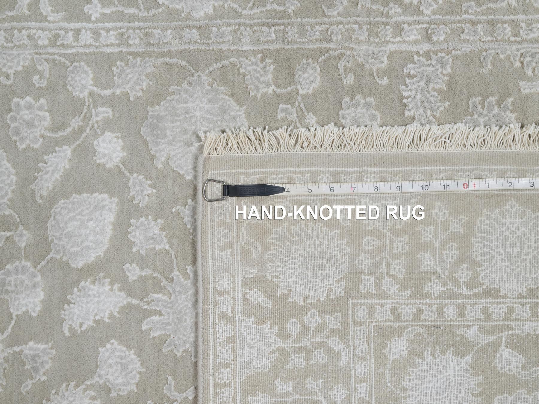 4'1"x6'1" Fossil Gray, Wool and Plant Based Silk, Light Tone on Tone with Persian Design, Thick and Plush, 200 KPSI, Hand Knotted, Oriental Rug HR91355 - Image 8