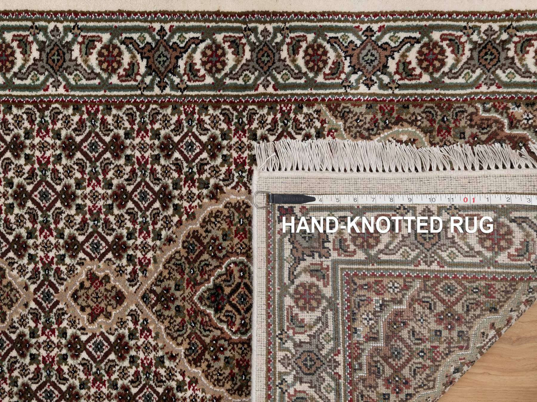 2'9"x8'1" Ivory, 100% Wool, Hand Knotted, Tabriz Mahi with Fish Medallion Design, 175 KPSI, Runner, Oriental Rug HR91975 - Image 8