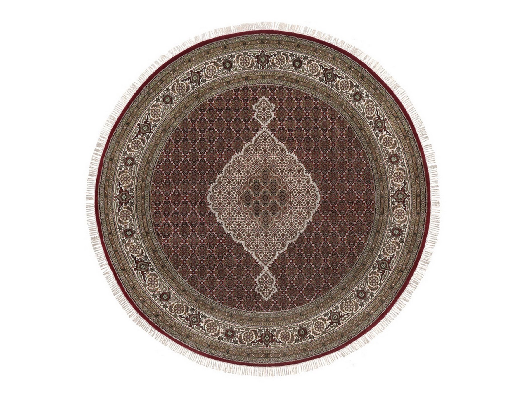 8'x8' Crimson Red, Tabriz Mahi with Fish Medallion Design, Pure Wool, Hand Knotted, 175 KPSI, Round, Oriental Rug HR91982