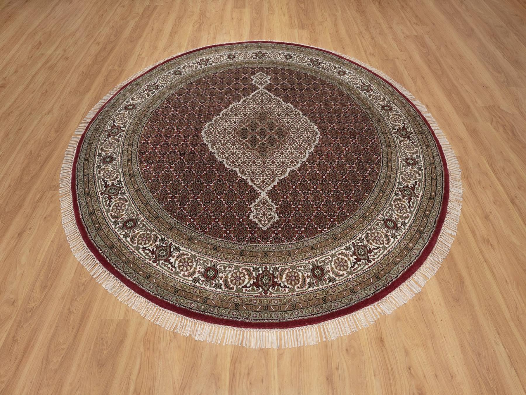 8'x8' Crimson Red, Tabriz Mahi with Fish Medallion Design, Pure Wool, Hand Knotted, 175 KPSI, Round, Oriental Rug HR91982 - Image 2