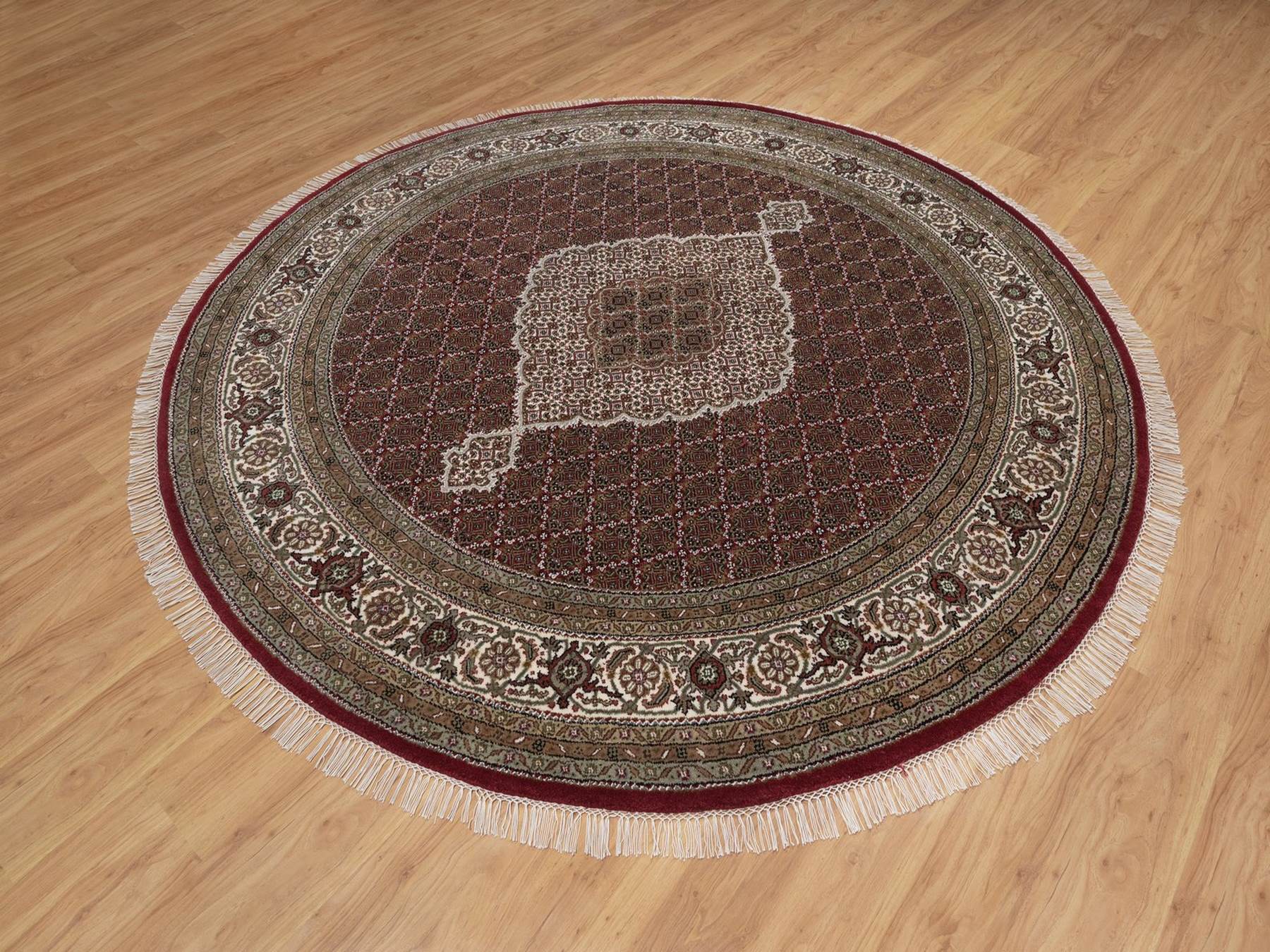 8'x8' Crimson Red, Tabriz Mahi with Fish Medallion Design, Pure Wool, Hand Knotted, 175 KPSI, Round, Oriental Rug HR91982 - Image 3
