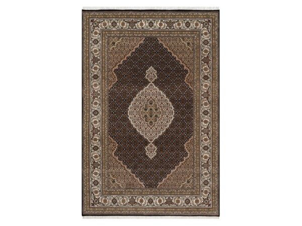 6'x9'1" Onyx Black, Hand Knotted, 175 KPSI, Tabriz Mahi with Fish Medallion Design, 100% Wool, Oriental Rug HR91983