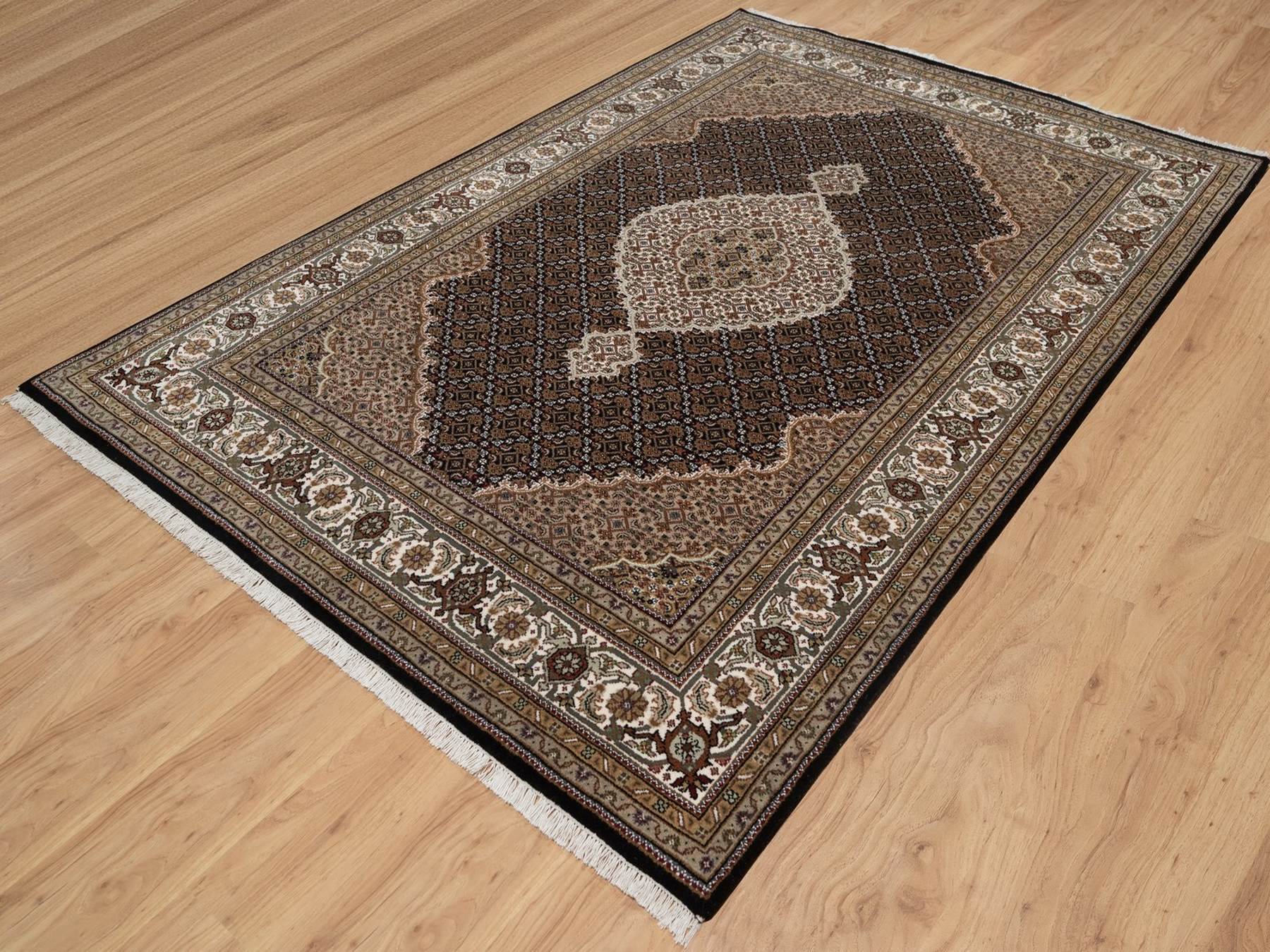 6'x9'1" Onyx Black, Hand Knotted, 175 KPSI, Tabriz Mahi with Fish Medallion Design, 100% Wool, Oriental Rug HR91983 - Image 3