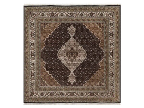 8'x8' Premium Black, Tabriz Mahi with Fish Medallion Design, 100% Wool, Hand Knotted, 175 KPSI, Square, Oriental Rug  HR91988