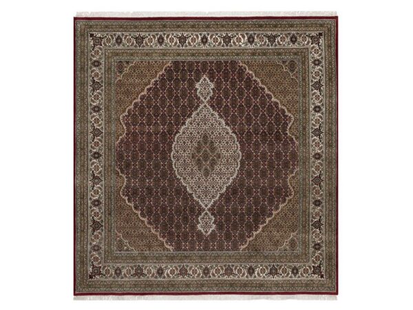 8'x8' Cherry Red, Hand Knotted, Tabriz Mahi with Fish Medallion Design, 100% Wool, 175 KPSI, Square Oriental Rug HR91990