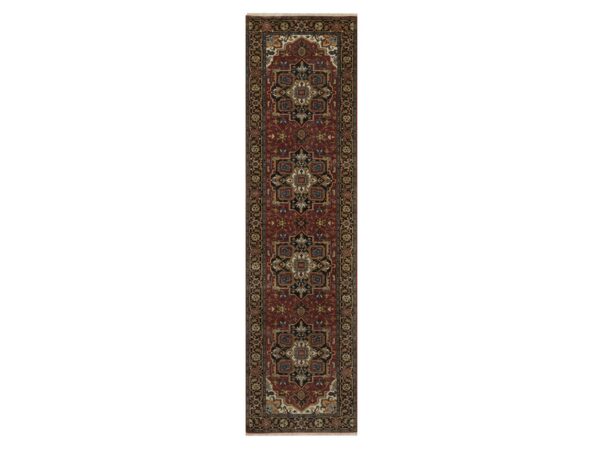 2'8"x10' Cranberry Red, Antiqued Fine Heriz Revival with Medallions Design, Hand Knotted, Hand Spun New Zealand Wool, Soft Pile, Vegetable Dyes, Runner, Oriental Rug HR92017