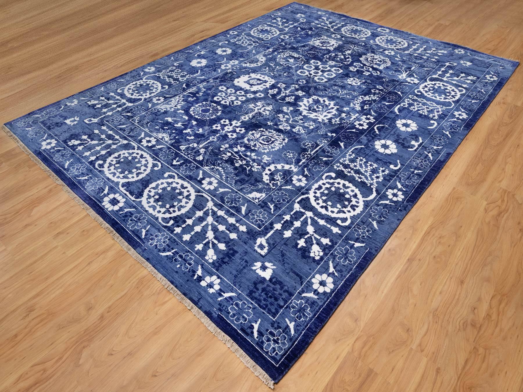 9'x12'1" Nova Blue, Tone on Tone, Tabriz with All Over Leaf Design, Hand Knotted, Lush and Plush, Wool and Silk, Oriental Rug HR92021 - Image 3