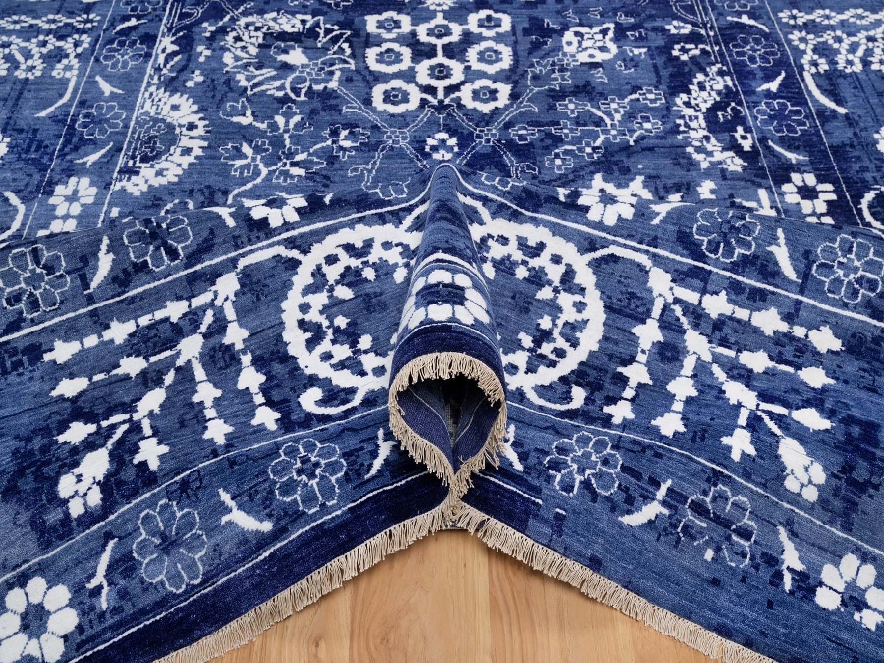 9'x12'1" Nova Blue, Tone on Tone, Tabriz with All Over Leaf Design, Hand Knotted, Lush and Plush, Wool and Silk, Oriental Rug HR92021 - Image 5