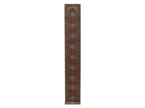 2'7"x20'4" Maroon Red, Antiqued Fine Heriz Revival with Medallions Design, Hand Spun New Zealand Wool, Soft Pile, Vegetable Dyes, Hand Knotted, XL Runner, Oriental Rug HR92041