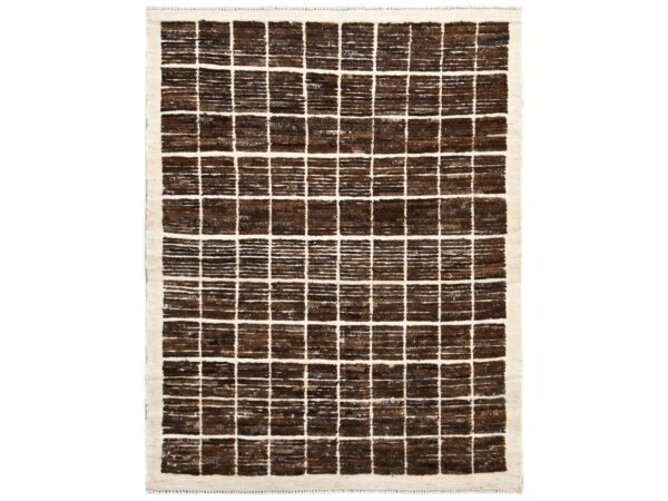 4'4"x5'8" Bistre Brown, Moroccan Weave with Grid Design, Tone on Tone, Hand Knotted, Textured Pile, Undyed Natural Wool, Oriental Rug HR1441