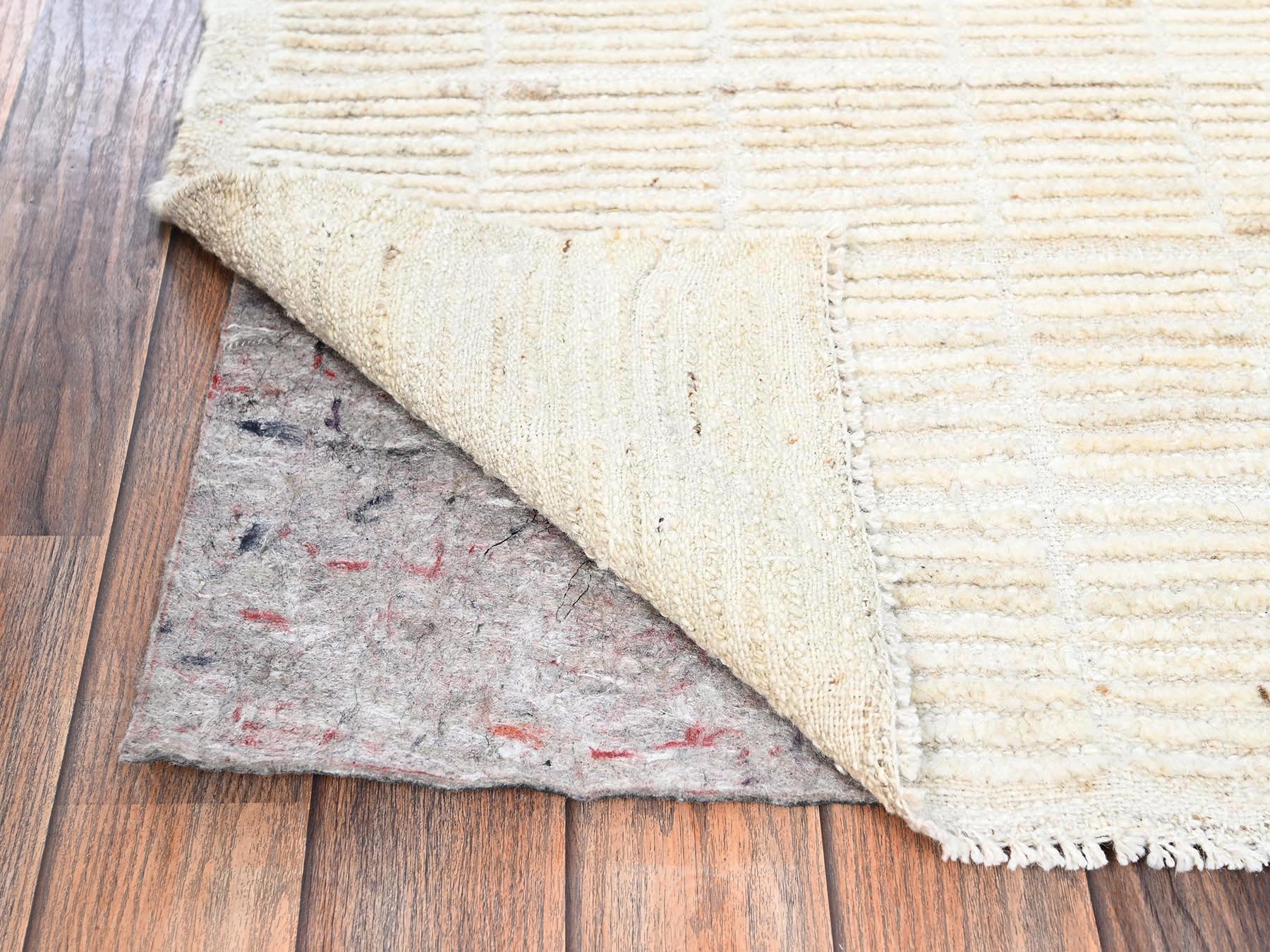 2'8"x7'5" Parchment White, Tone on Tone, Moroccan Weave with Grid Design, Hand Knotted, Textured Pile, Undyed Natural Wool, Wide Runner, Oriental Rug HR1446 - Image 3