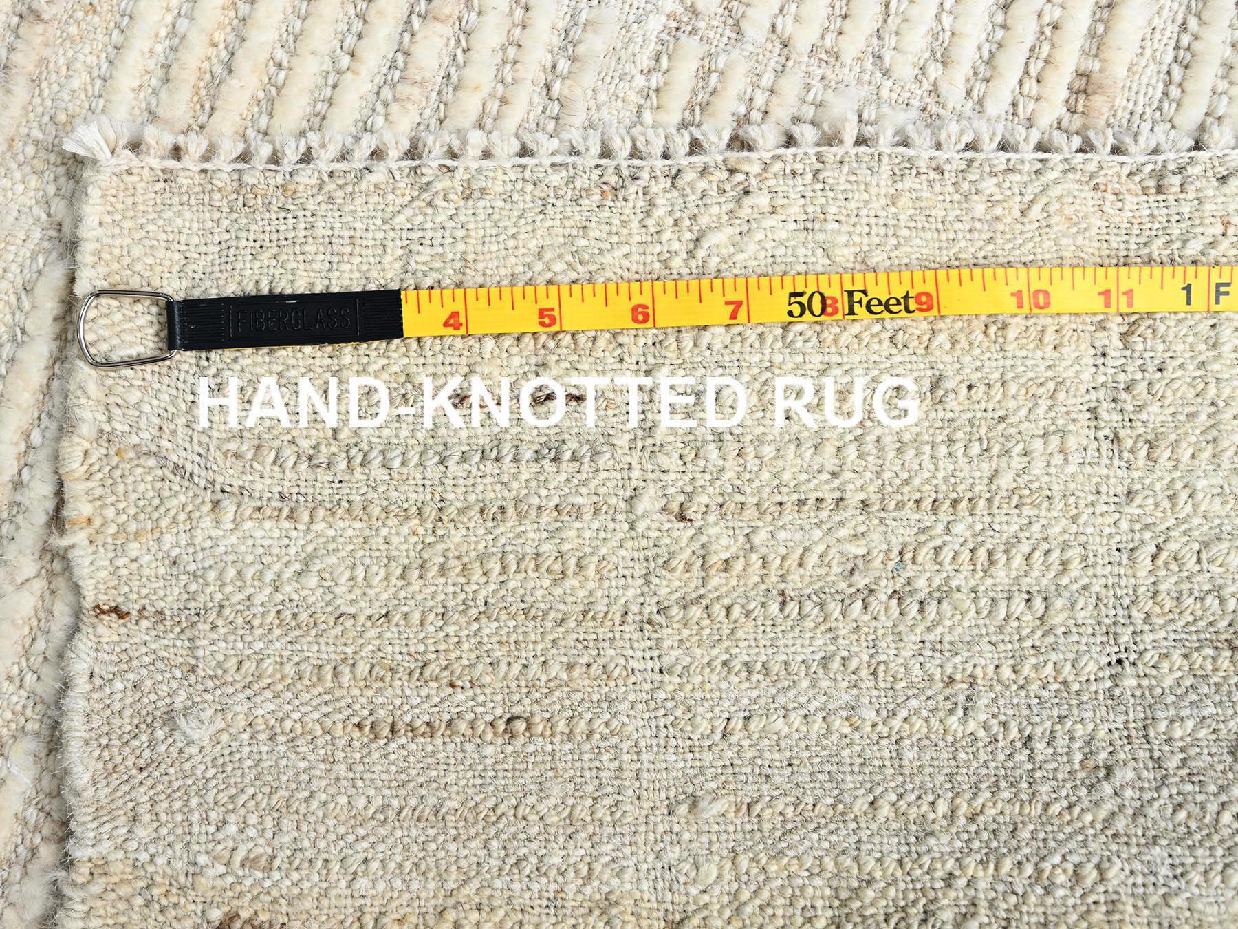 2'8"x7'5" Parchment White, Tone on Tone, Moroccan Weave with Grid Design, Hand Knotted, Textured Pile, Undyed Natural Wool, Wide Runner, Oriental Rug HR1446 - Image 7