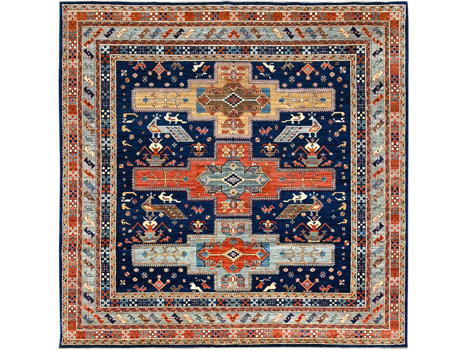 8'x7'10" Brewers Blue, Hand Knotted, Soft And Velvety Wool, Armenian Inspired Caucasian Design with Small Birds Figurines 200 KPSI, Vegetable Dyes, Denser Weave, Square Oriental Rug HR145