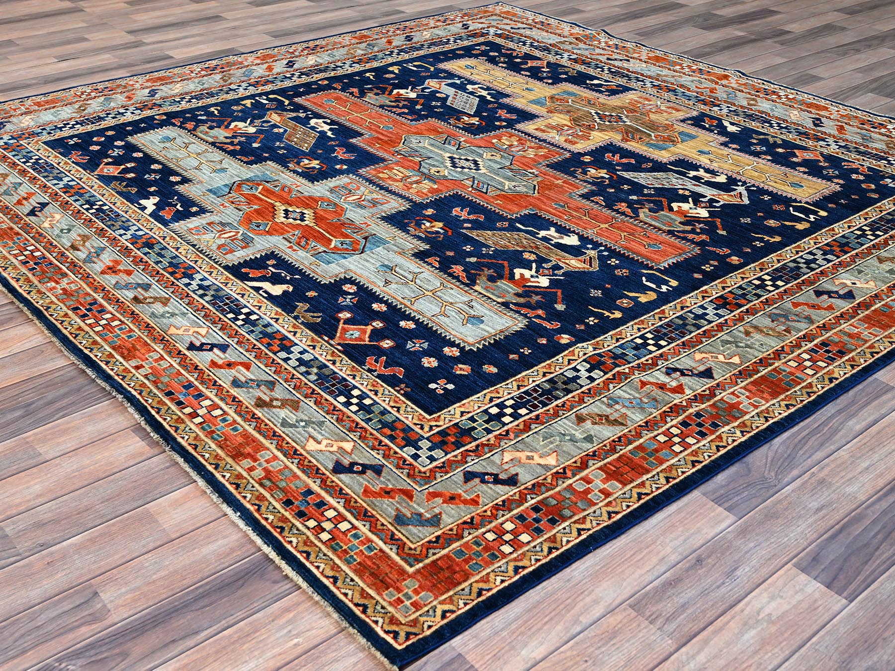 8'x7'10" Brewers Blue, Hand Knotted, Soft And Velvety Wool, Armenian Inspired Caucasian Design with Small Birds Figurines 200 KPSI, Vegetable Dyes, Denser Weave, Square Oriental Rug HR145 - Image 4