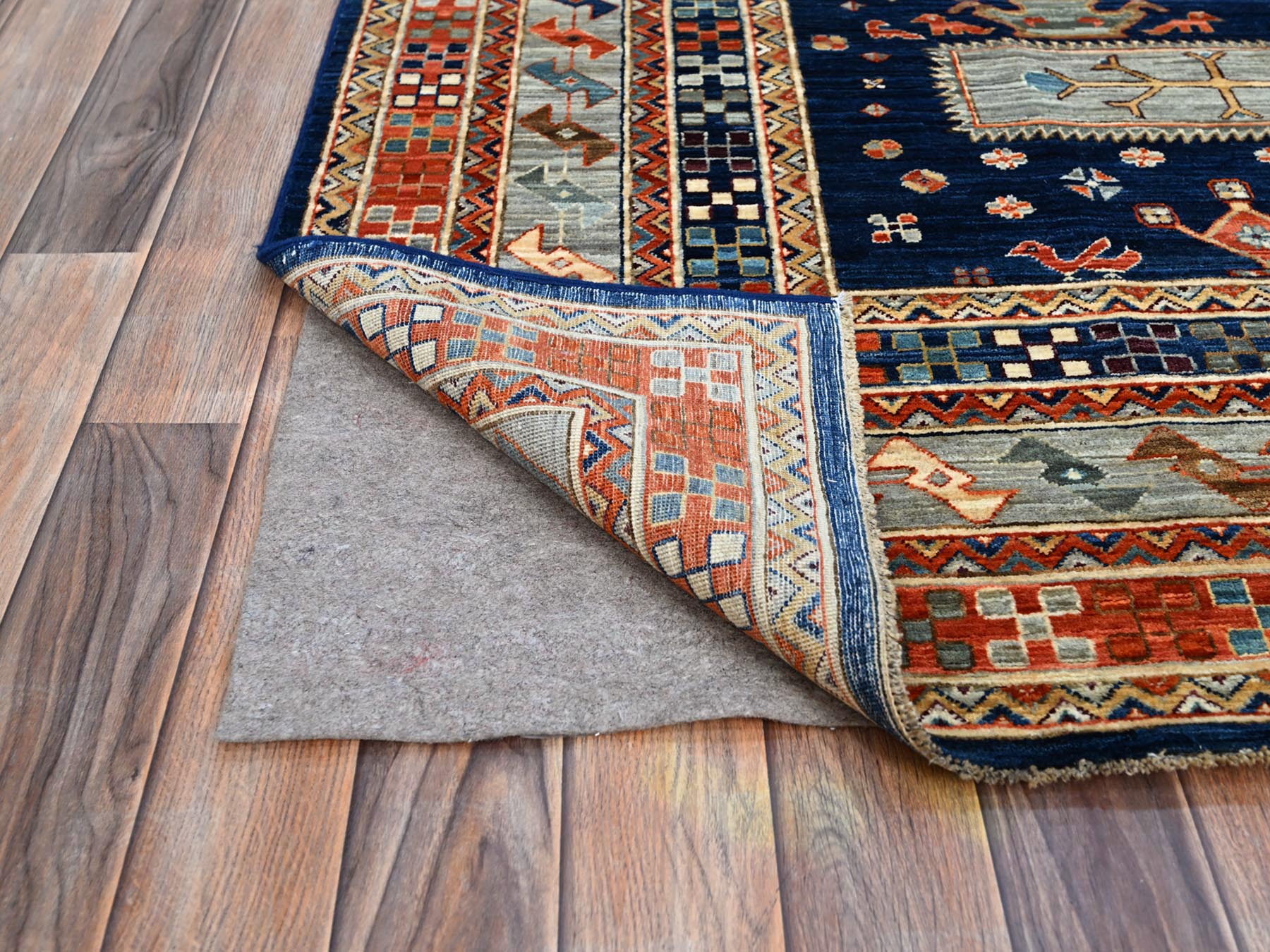 8'x7'10" Brewers Blue, Hand Knotted, Soft And Velvety Wool, Armenian Inspired Caucasian Design with Small Birds Figurines 200 KPSI, Vegetable Dyes, Denser Weave, Square Oriental Rug HR145 - Image 5