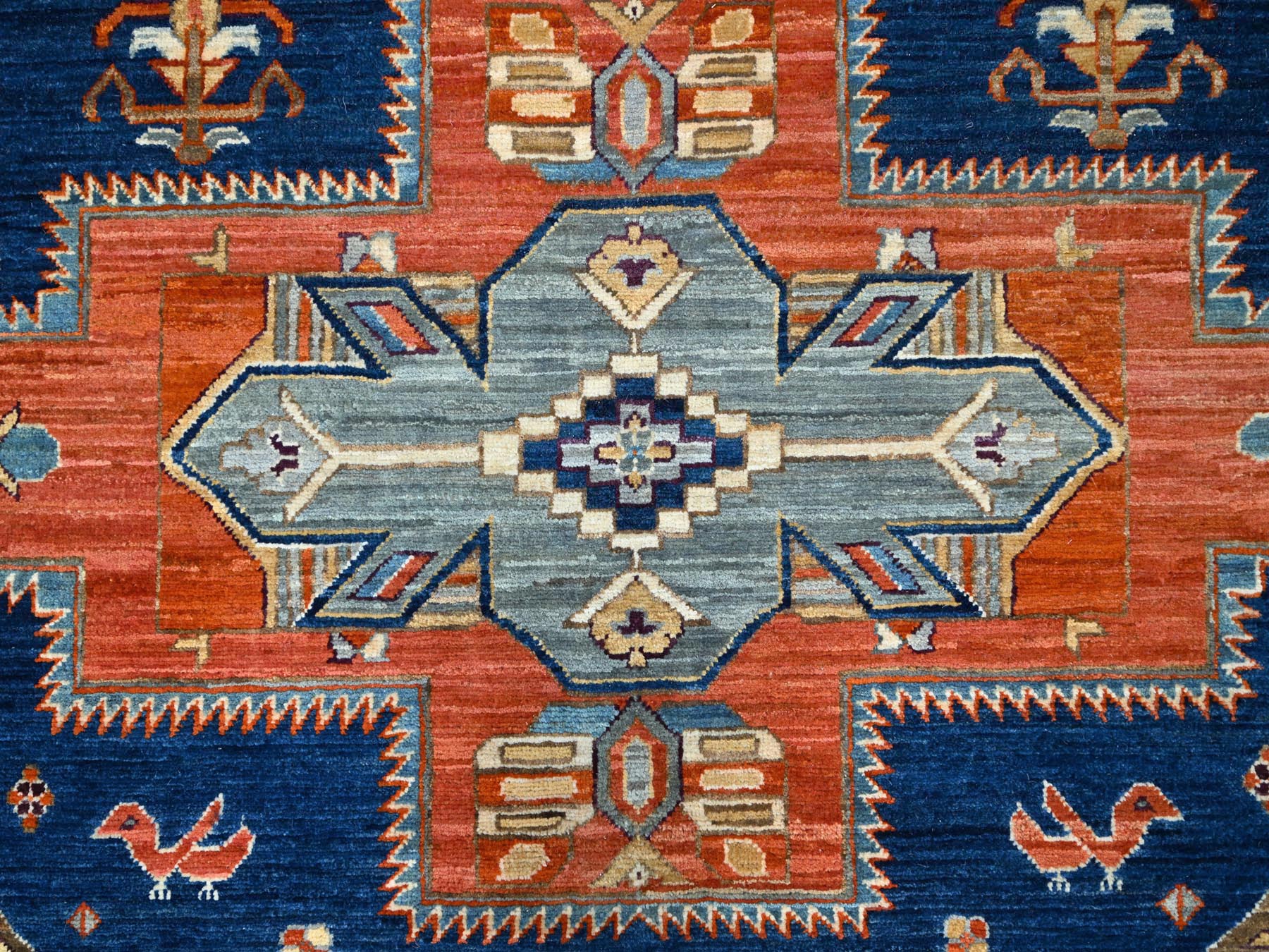 8'x7'10" Brewers Blue, Hand Knotted, Soft And Velvety Wool, Armenian Inspired Caucasian Design with Small Birds Figurines 200 KPSI, Vegetable Dyes, Denser Weave, Square Oriental Rug HR145 - Image 9