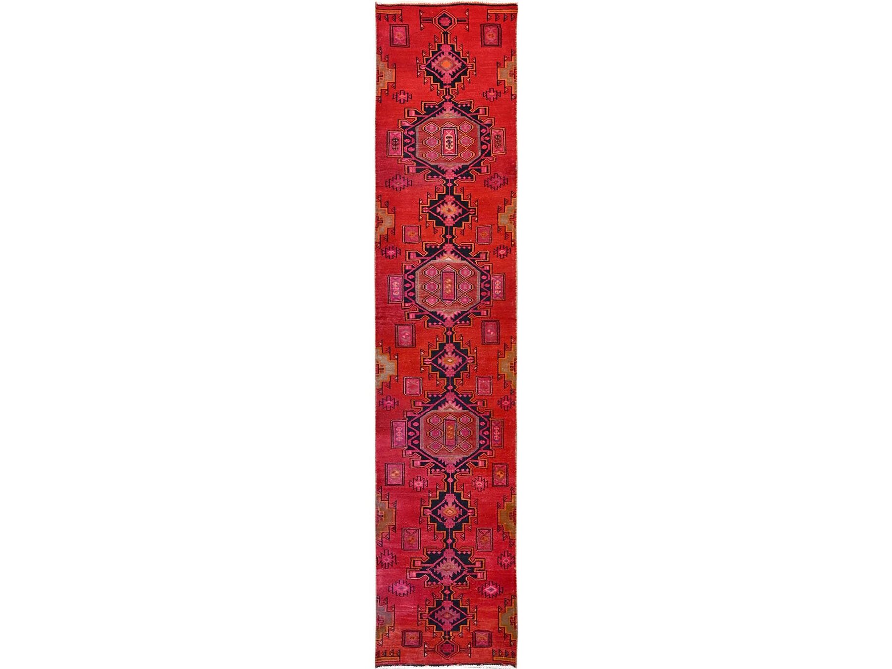 2'7"x12' Crimson Red, Vintage Persian Hamadan with Geometric Pattern, Worn and Distressed, Hand Knotted, 100% Wool, Cropped Thin, Zero Pile, Sides and Ends Professionally Secured, Clean, Runner, Oriental Rug HR1524