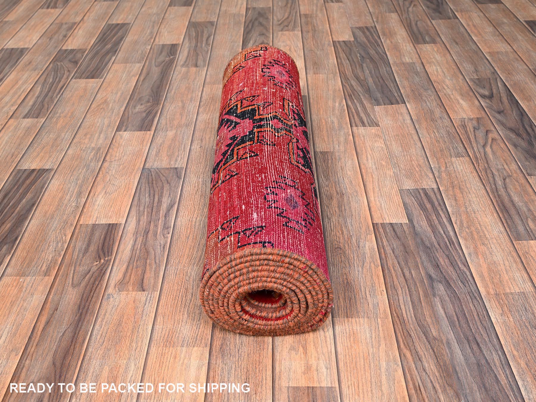 2'7"x12' Crimson Red, Vintage Persian Hamadan with Geometric Pattern, Worn and Distressed, Hand Knotted, 100% Wool, Cropped Thin, Zero Pile, Sides and Ends Professionally Secured, Clean, Runner, Oriental Rug HR1524 - Image 5