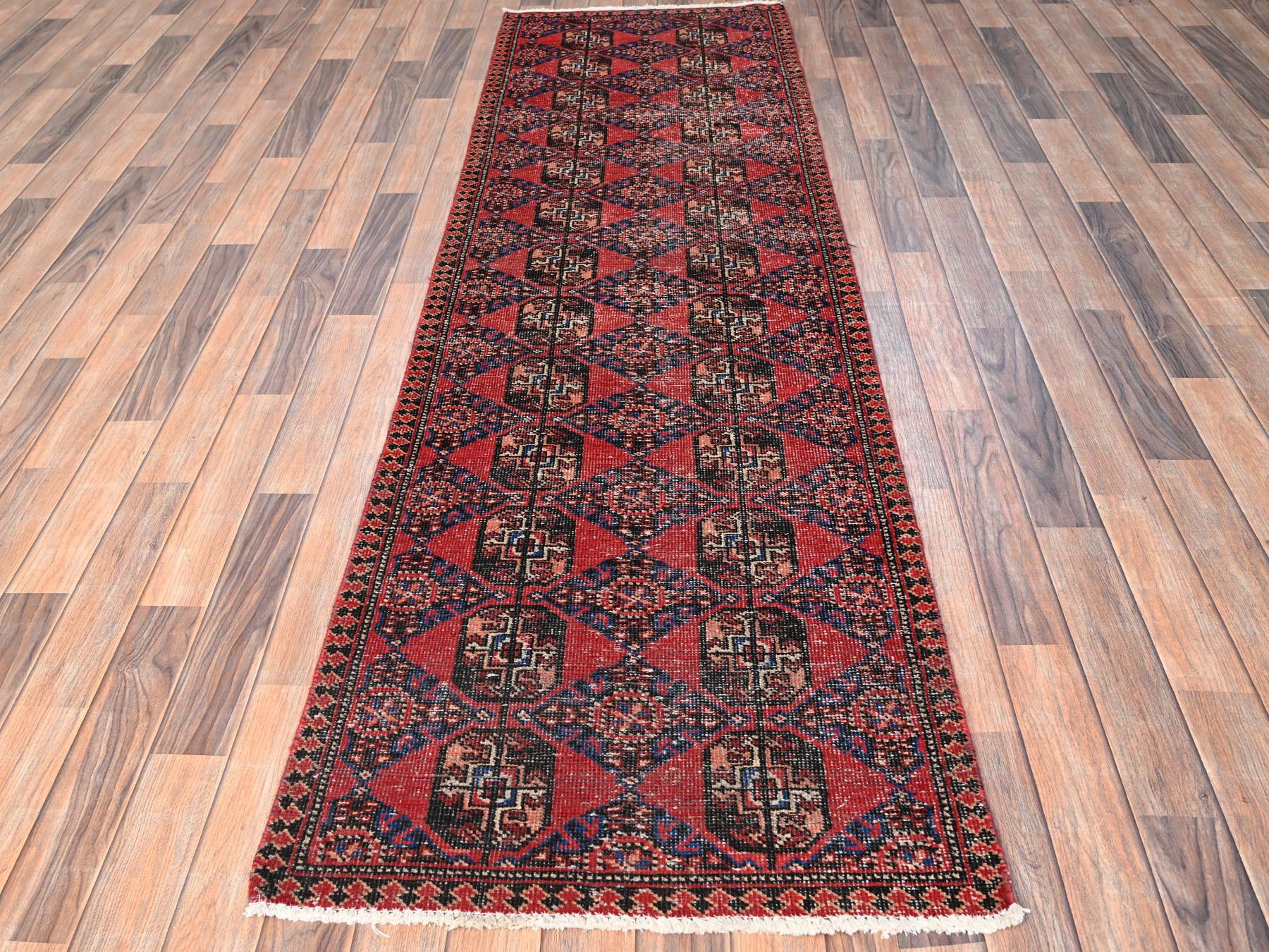 2'7"x9' Auburn Red, Vintage Turkoman, Washed, 100% Wool, Hand Knotted, Cropped Thin, Worn Out and Distressed, Even Wear, Sides and Ends Professionally Secured, Runner, Oriental Rug HR1526 - Image 2