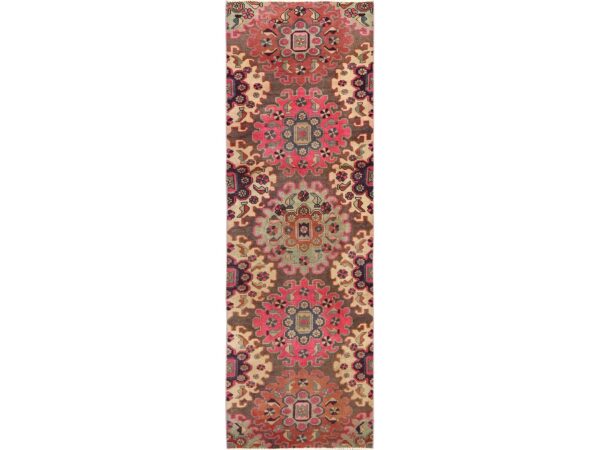 3'x9'5" Mocha Brown, Vintage Northwest Persian with Large Flower Design, 100% Wool, Hand Knotted, Cropped Thin, Worn and Distressed, Sides and Ends Professionally Secured, Fragment, Runner, Oriental Rug HR1528