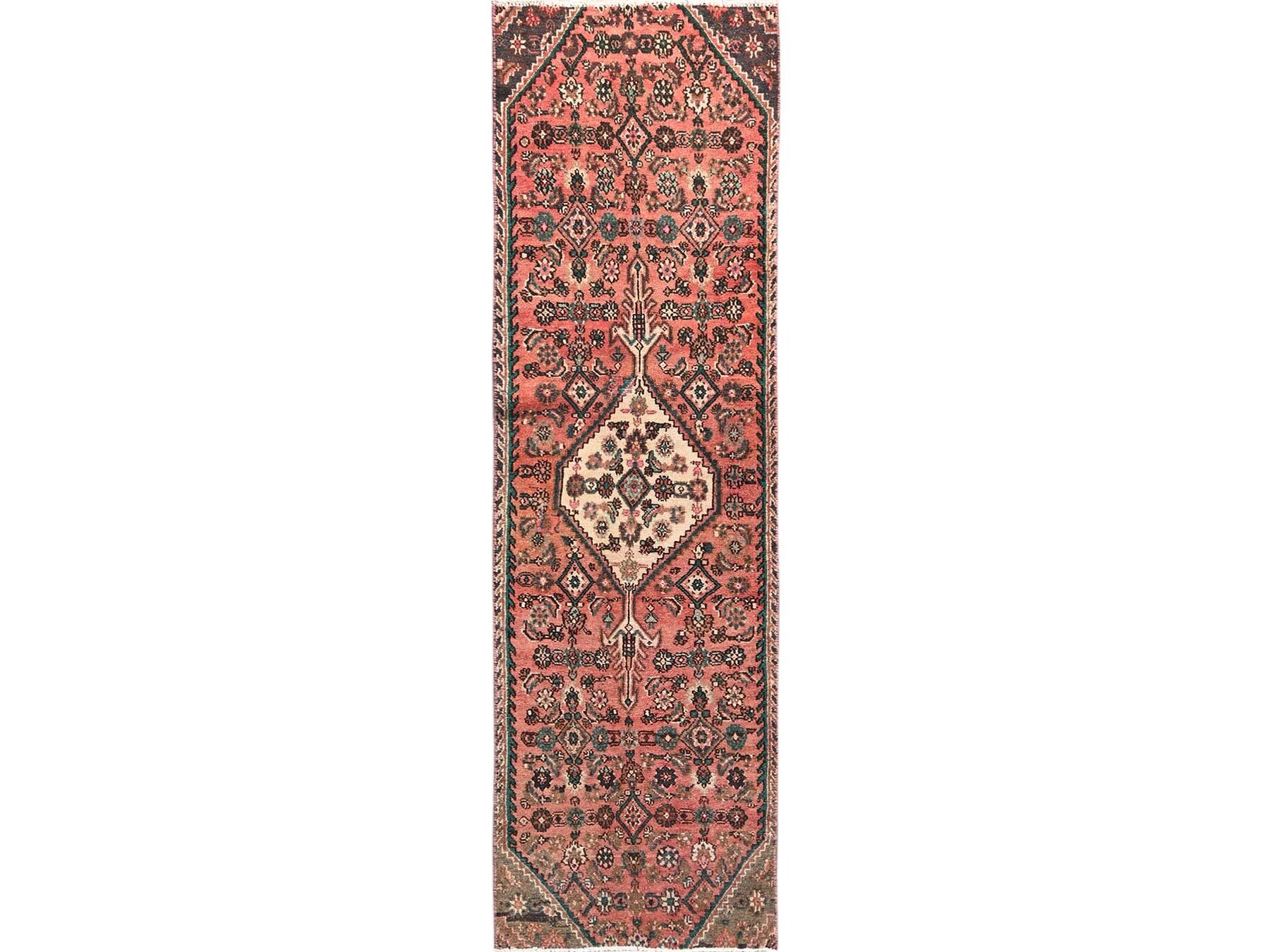 2'6"x8'10" Salmon Pink, Vintage Persian Bibikabad with All Over Design, 100% Wool, Hand Knotted, Sheared Low, Worn and Distressed, Sides and Ends Professionally Secured, Runner, Oriental Rug HR1529