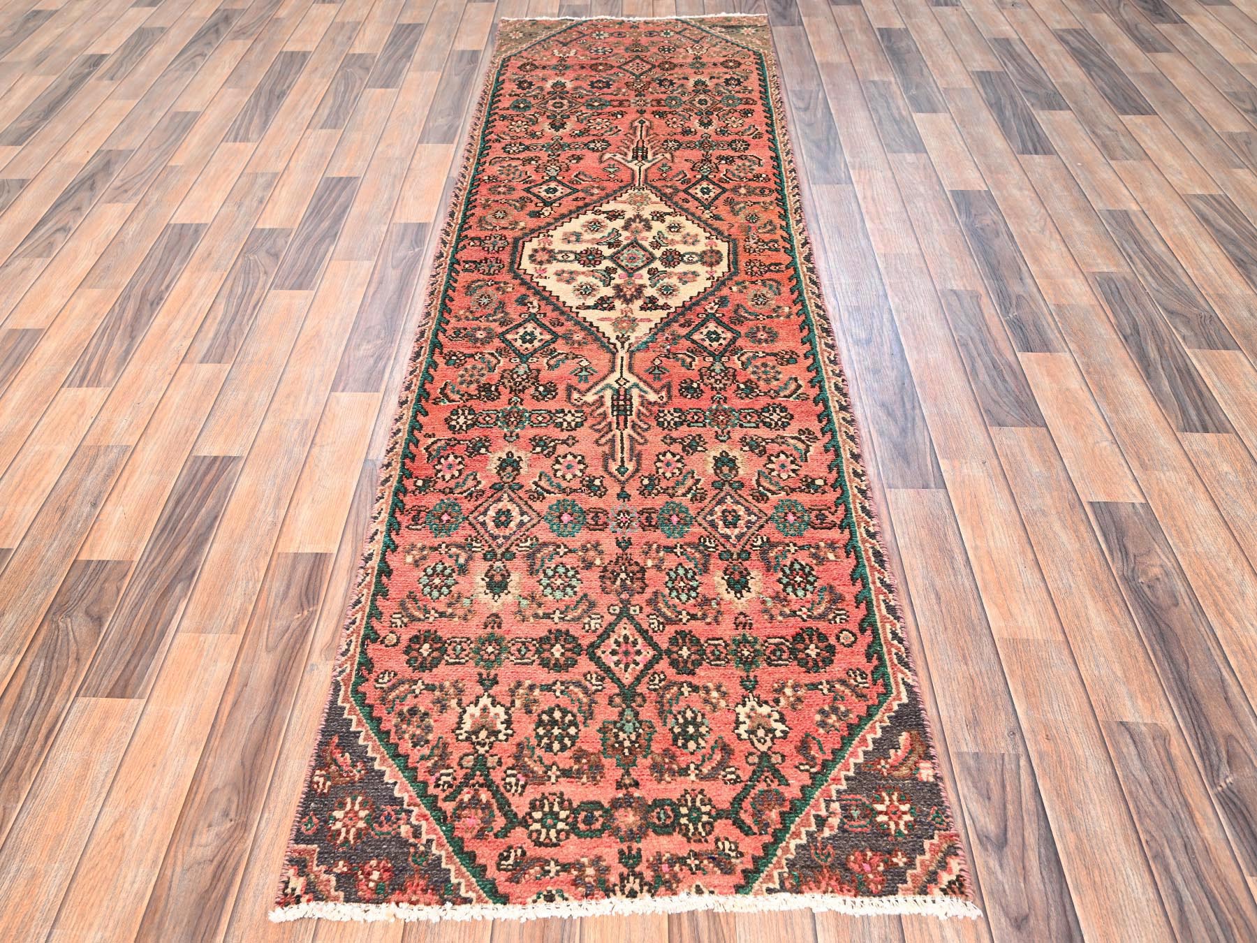 2'6"x8'10" Salmon Pink, Vintage Persian Bibikabad with All Over Design, 100% Wool, Hand Knotted, Sheared Low, Worn and Distressed, Sides and Ends Professionally Secured, Runner, Oriental Rug HR1529 - Image 2