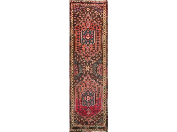 2'9"x10' Cedar Brown, Vintage Persian Hamadan with Distinct Abrash, Geometric Pattern, Hand Knotted, 100% Wool, Sheared Low, Worn and Distressed, Sides and Ends Professionally Secured, Runner, Oriental Rug HR1530