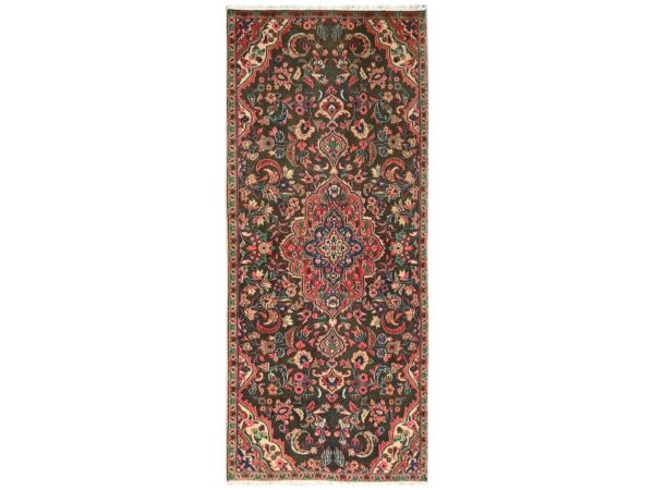 2'9"x6'9" Chocolate Brown, Vintage Persian Kazwin with Flower Design, Worn and Distressed, Cropped Thin, Zero Pile, Sides and Ends Professionally Secured, Hand Knotted, 100% Wool, Runner, Oriental Rug HR1540