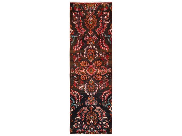 2'7"x8'1" Chocolate Brown, Vintage Persian Lilahan with Flower Design, 100% Wool, Hand Knotted, Cropped Thin, Worn and Distressed, Sides and Ends Professionally Secured, Runner, Oriental Rug HR1548