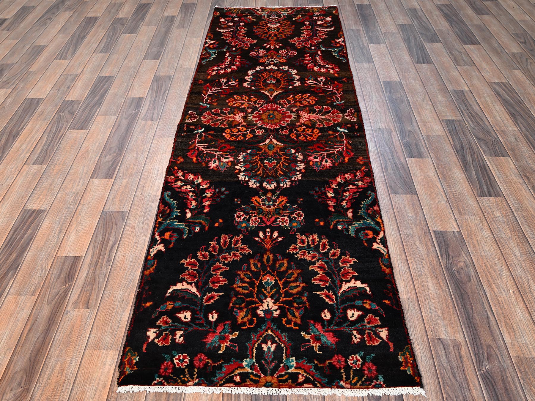 2'7"x8'1" Chocolate Brown, Vintage Persian Lilahan with Flower Design, 100% Wool, Hand Knotted, Cropped Thin, Worn and Distressed, Sides and Ends Professionally Secured, Runner, Oriental Rug HR1548 - Image 2