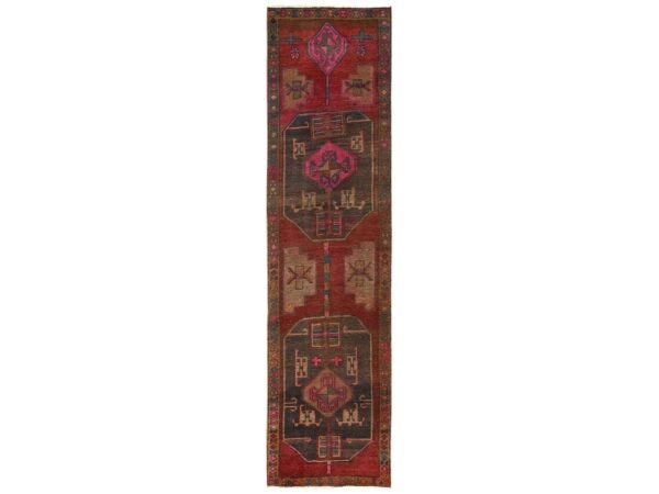 2'10"x11'8" Auburn Red, Vintage Persian Hamadan, Worn and Distressed, Sheared Low, Zero Pile, Sides and Ends Professionally Secured, Hand Knotted, 100% Wool, Oriental Rug HR1552