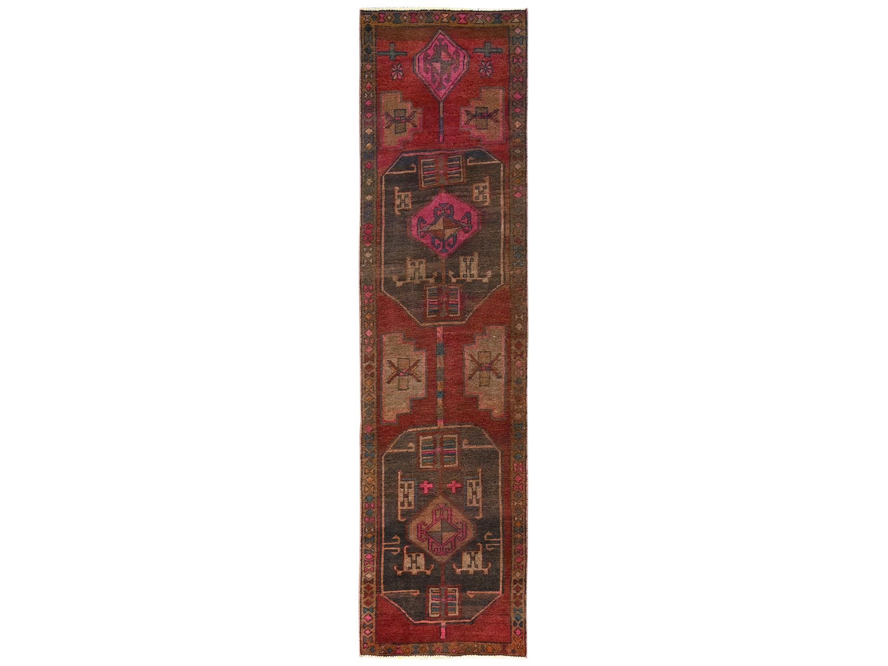 2'10"x11'8" Auburn Red, Vintage Persian Hamadan, Worn and Distressed, Sheared Low, Zero Pile, Sides and Ends Professionally Secured, Hand Knotted, 100% Wool, Oriental Rug HR1552