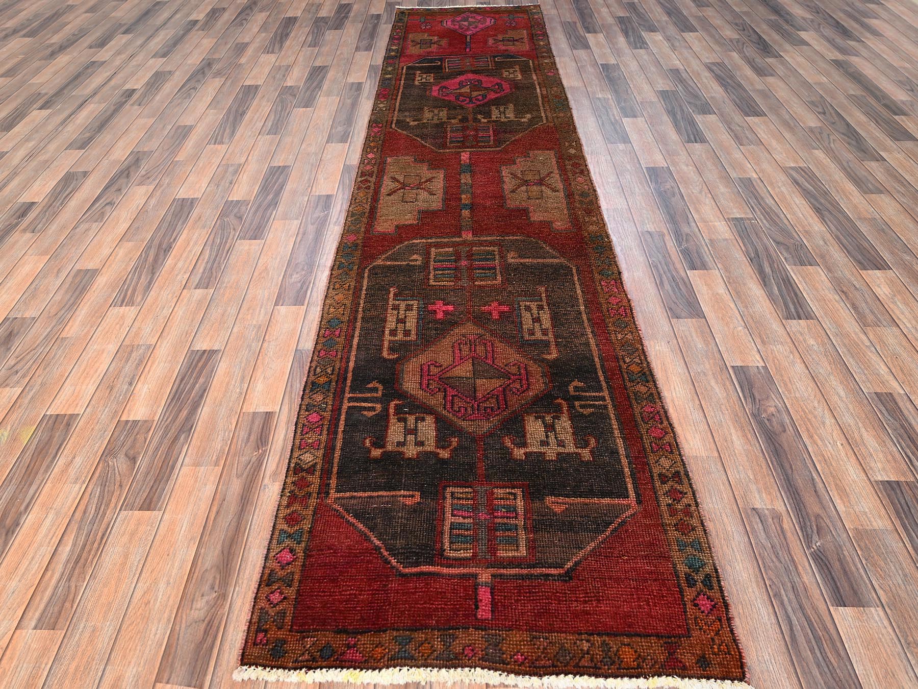 2'10"x11'8" Auburn Red, Vintage Persian Hamadan, Worn and Distressed, Sheared Low, Zero Pile, Sides and Ends Professionally Secured, Hand Knotted, 100% Wool, Oriental Rug HR1552 - Image 2