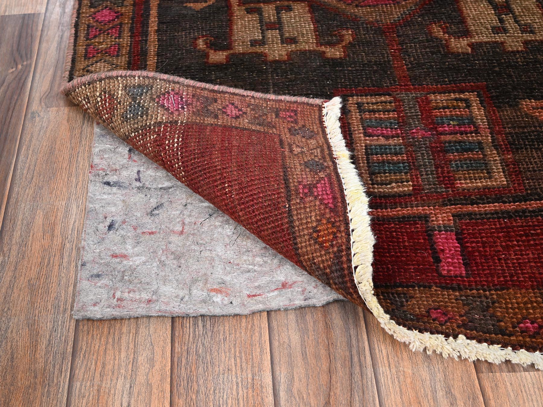 2'10"x11'8" Auburn Red, Vintage Persian Hamadan, Worn and Distressed, Sheared Low, Zero Pile, Sides and Ends Professionally Secured, Hand Knotted, 100% Wool, Oriental Rug HR1552 - Image 3