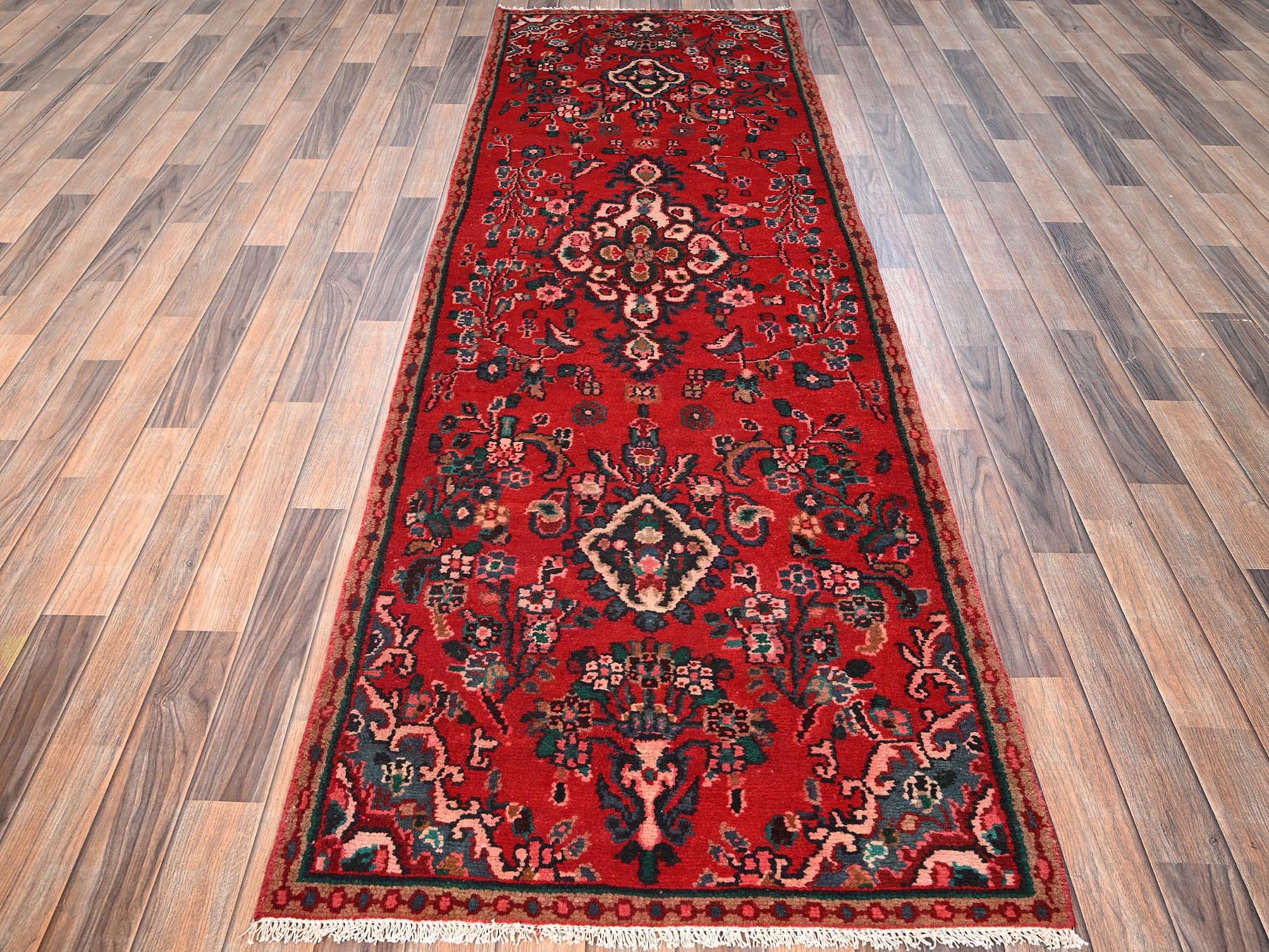 3'x9'1" Berry Red, Vintage Persian Lilahan with Flower Design, 100% Wool, Hand Knotted, Cropped Thin, Worn and Distressed, Sides and Ends Professionally Secured, Runner, Oriental Rug HR1557 - Image 2