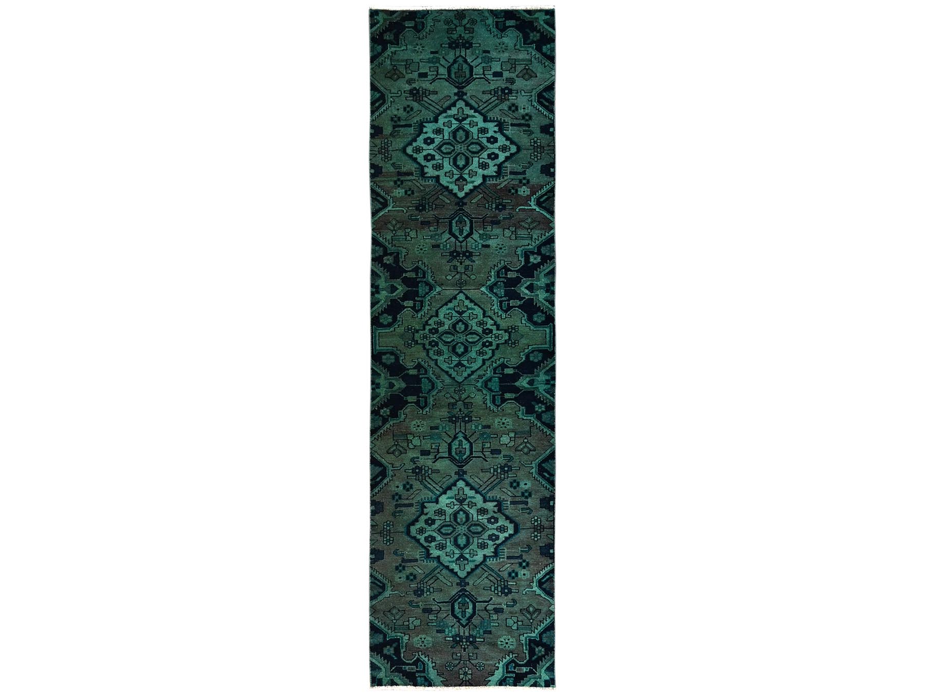 2'7"x9'10" Marine Green Overdyed, Vintage Persian Hamadan with Medallions Design, Worn and Distressed, Sheared Low, Zero Pile, Sides and Ends Professionally Secured, Hand Knotted, 100% Wool, Runner, Oriental Rug HR1558